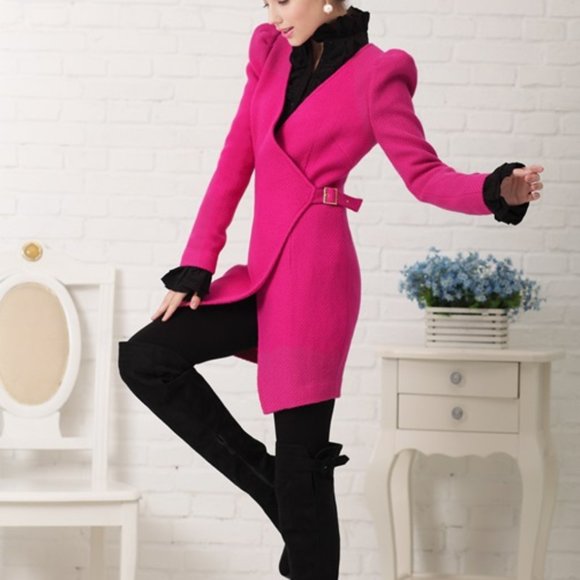 Fuchsia Pink Genuine Wool Long Jacket Blazer Coat - Picture 11 of 11